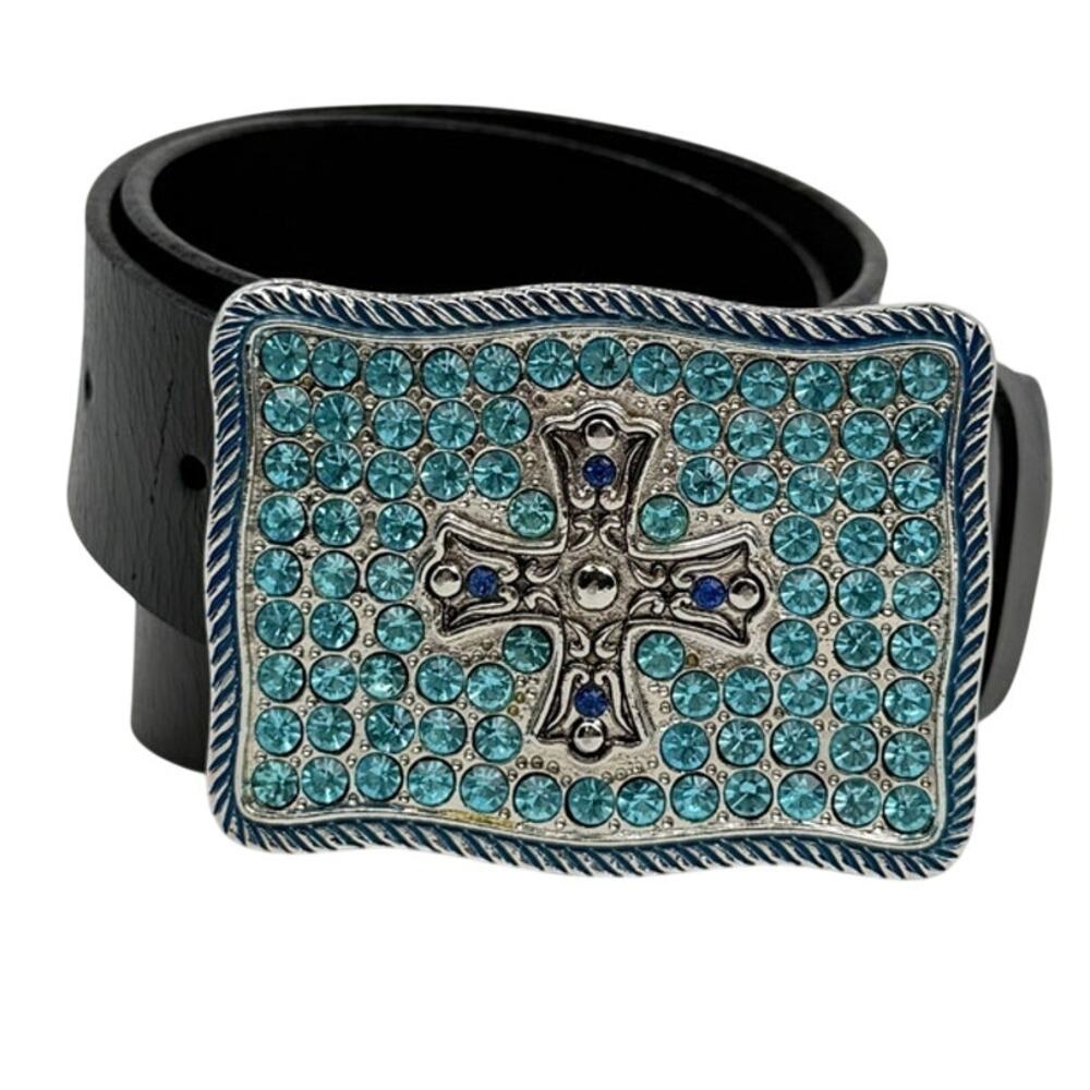 Vintage Express Leather Belt Rhinestone Cross Buckle Y2K Whimsygoth L